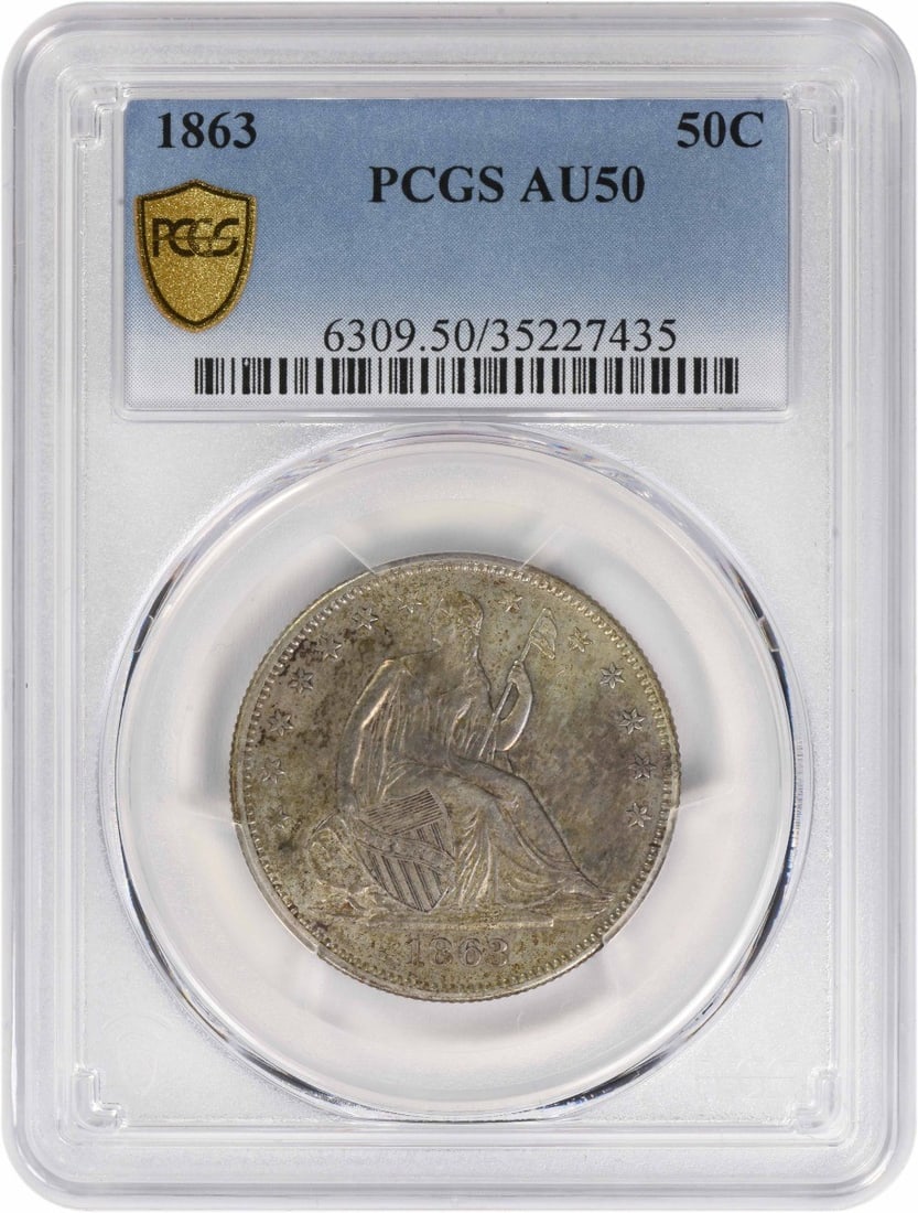 PCGS AU50 1863 Seated Liberty Half Dollar Philadelphia Mint Silver Coin: PCGS AU50 1863 Seated Liberty Half Dollar Philadelphia Mint Silver Coin This 1863 Liberty Seated Half Dollar was struck at the Philadelphia Mint and is graded AU50 by PCGS. Designed by Thomas Sully an