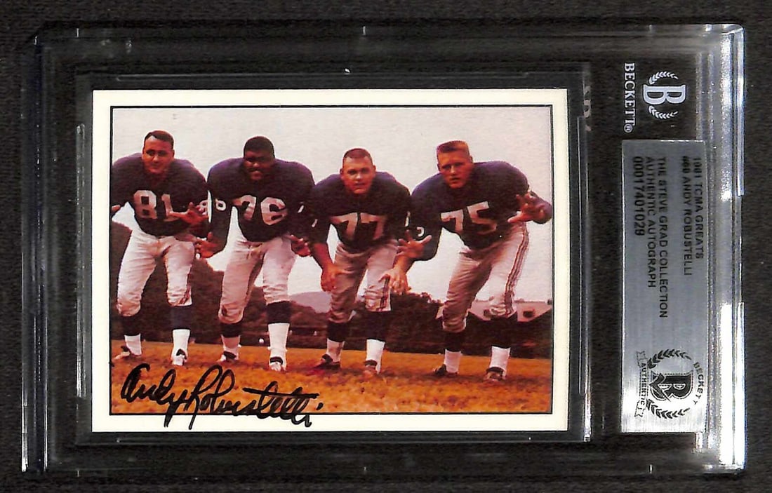 Andy Robustelli Signed 1981 TCMA Greats #68 Card Beckett Authenticated: Andy Robustelli Signed 1981 TCMA Greats #68 Card Beckett Authenticated This is an autographed 1981 TCMA Greats #68 sports trading card featuring the legendary New York Giants Defensive End, Andy Robus