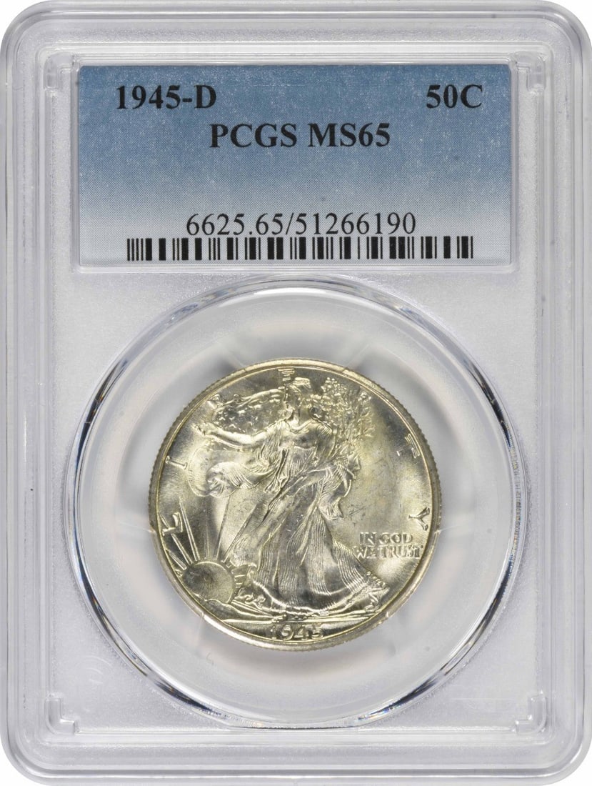 1945-D Walking Liberty Half Dollar MS65 PCGS Uncirculated Silver Coin: 1945-D Walking Liberty Half Dollar MS65 PCGS Uncirculated Silver Coin This 1945-D Walking Liberty Silver Half Dollar is a remarkable piece, certified by PCGS with a high grade of MS65. Struck at the D