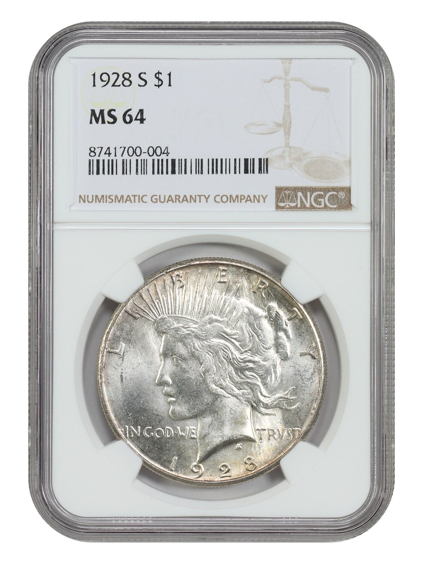 1928 San Francisco Peace Dollar NGC MS64: 1928 San Francisco Peace Dollar NGC MS64 This 1928-S Peace Dollar is graded MS64 by NGC and remains uncirculated. Struck at the San Francisco Mint, this coin is a notable example from a challenging ye