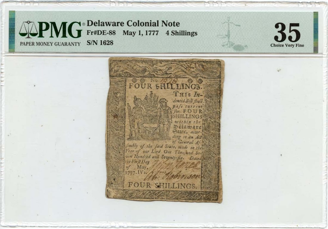 Delaware Colonial Currency 1777 Four Shillings PMG VF35 FR DE-88: Delaware Colonial Currency 1777 Four Shillings PMG VF35 FR DE-88 This is a 1777 May 1 Delaware Colonial Note with a denomination of 4 shillings. The note has been certified by PMG with a grade of VF35