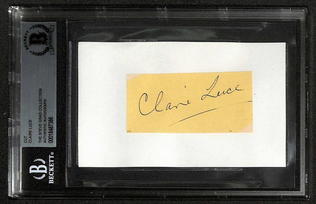 Beckett slabbed Claire Luce signed autograph cut: Beckett slabbed Claire Luce signed autograph cut This item is a hand-signed cut autograph from the renowned American actress and dancer Claire Luce. The autograph has been authenticated and encapsulat
