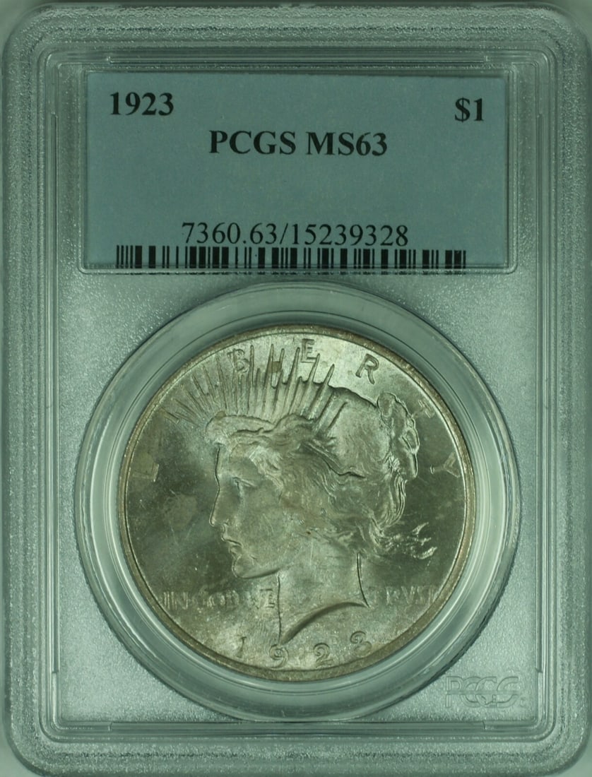 PCGS MS63 1923 Peace Dollar Silver Coin: PCGS MS63 1923 Peace Dollar Silver Coin This 1923 Peace Silver Dollar features a $1 denomination and is certified by PCGS with a grade of MS-63. The coin is composed of silver and originates from the 