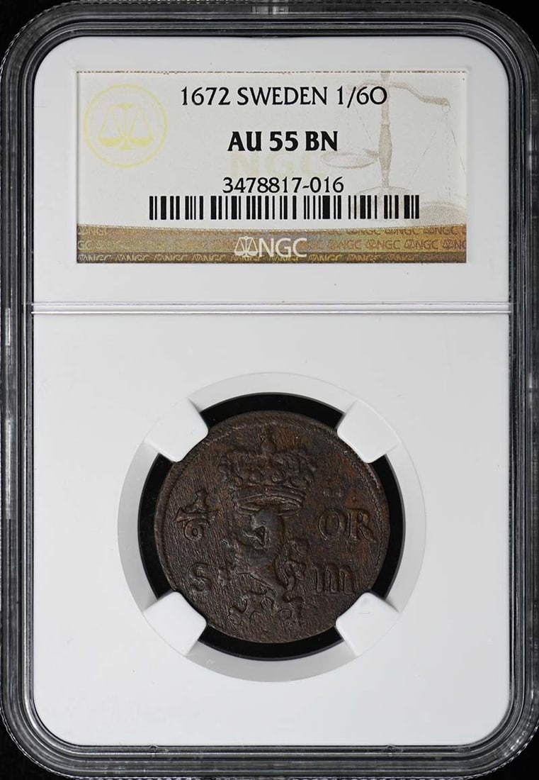 Sweden 1672 1/6 Ore NGC AU55 Brown Certified Coin: Sweden 1672 1/6 Ore NGC AU55 Brown Certified Coin This 1672 Sweden 1/6O coin is certified by NGC with a grade of AU55BN. It is a circulated, pre-owned numismatic piece from Sweden, offering collectors