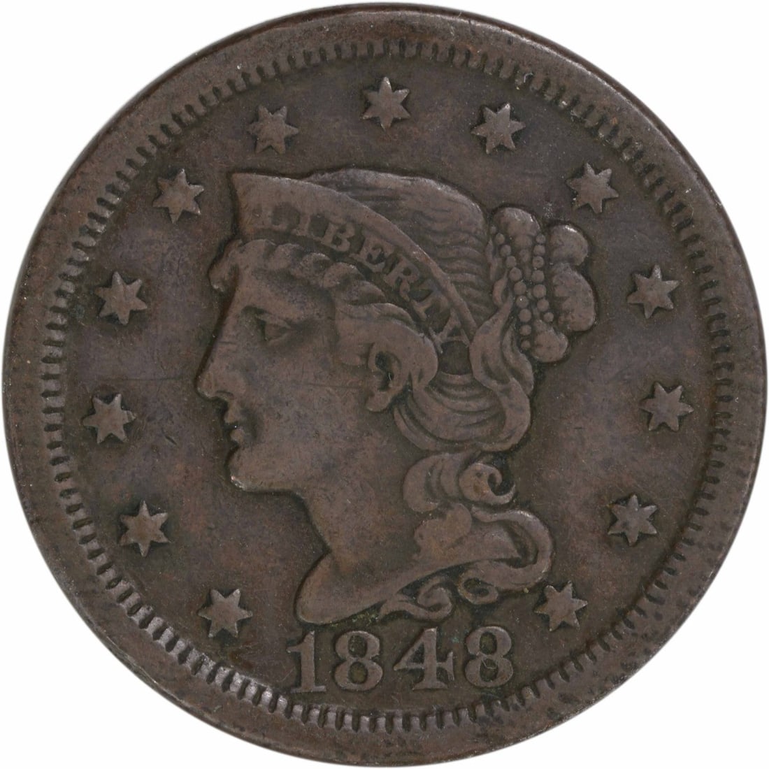 1848 Philadelphia Large Cent VF Braided Hair Copper Coin: 1848 Philadelphia Large Cent VF Braided Hair Copper Coin This 1848 Large Cent features a design by Christian Gobrecht and is made of copper. It has been circulated and is graded as VF (Very Fine). The