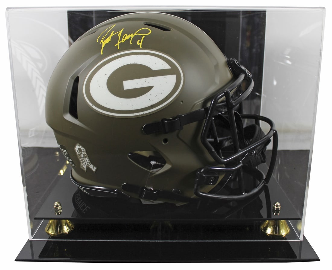 Brett Favre Signed Green Bay Packers Helmet with BAS Authentication: Brett Favre Signed Green Bay Packers Helmet with BAS Authentication Celebrate the legacy of Brett Favre with this autographed Green Bay Packers Full Size Speed Proline Helmet, part of the Alternate Sa