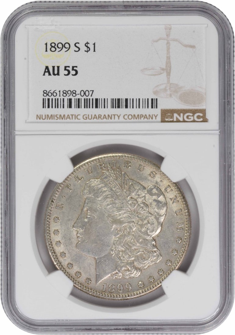 NGC AU55 1899 San Francisco Morgan Dollar 90 Percent Silver Coin: NGC AU55 1899 San Francisco Morgan Dollar 90 Percent Silver Coin This 1899-S Morgan Silver Dollar features a composition of 90% silver and 10% copper. Graded AU55 by NGC, this circulated coin was mint