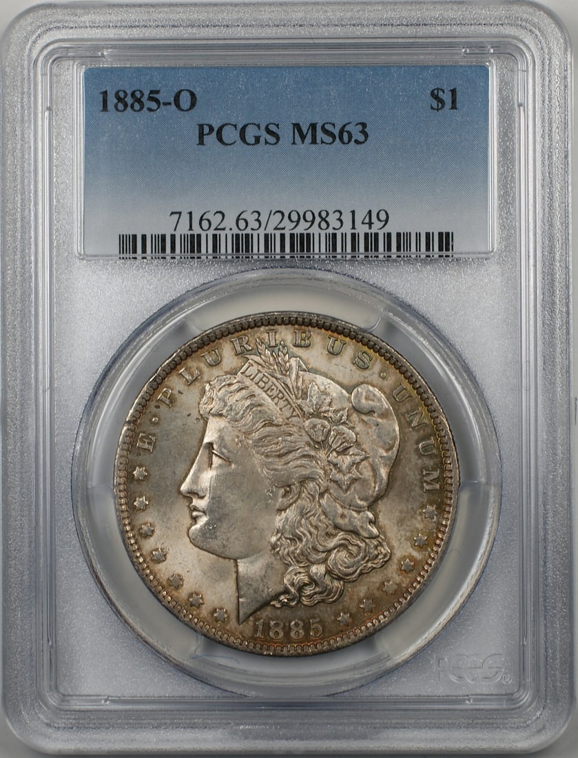 PCGS MS63 1885-O Morgan Silver Dollar: PCGS MS63 1885-O Morgan Silver Dollar This is an 1885-O Morgan Silver Dollar from the United States, featuring a toned finish. The coin is composed of 90% silver and has been certified by PCGS with a 