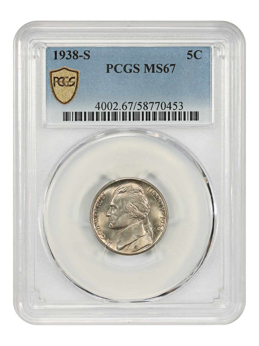 PCGS MS67 1938-S Jefferson Nickel: PCGS MS67 1938-S Jefferson Nickel This is a 1938 Jefferson Nickel graded MS67 by PCGS. The coin is uncirculated and was minted in San Francisco. It belongs to the Jefferson Nickel series and has a den