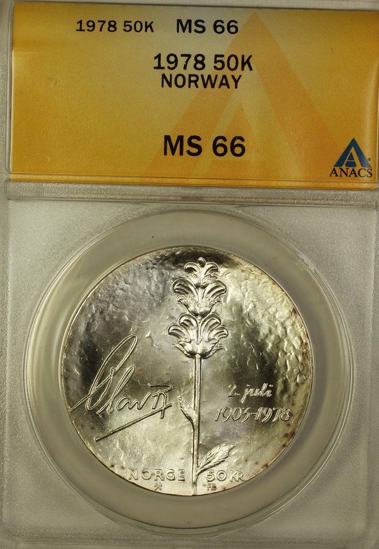 ANACS MS 66 Silver 50 Kroner Coin Norway 1978 (1 of 2)