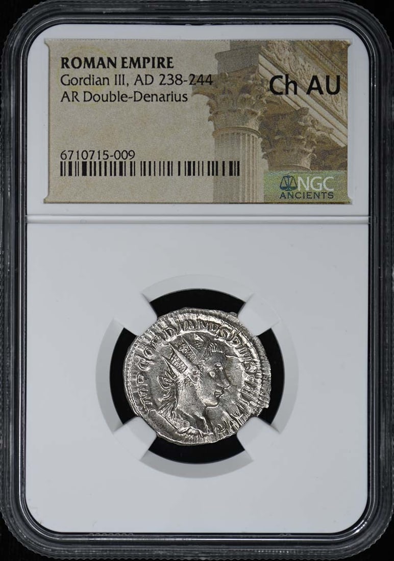 NGC Ch AU Roman Empire AR Double Denarius Gordian III AD 238-244: NGC Ch AU Roman Empire AR Double Denarius Gordian III AD 238-244 This Roman Empire AR Double-Denarius from the reign of Gordian III (AD 238-244) is certified by NGC and graded as Choice About Uncircul