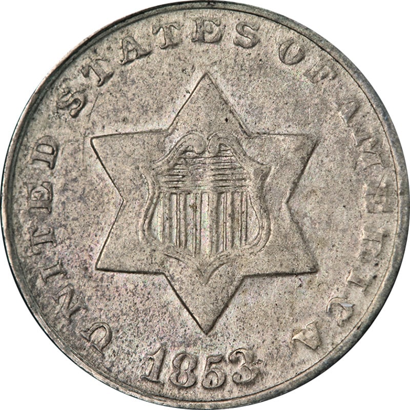 1853 Three Cent Silver Coin Choice AU/BU Attractive Strike: 1853 Three Cent Silver Coin Choice AU/BU Attractive Strike This 1853 Three (3) Cent Silver coin exhibits exceptional eye appeal and a striking finish. Graded as Choice AU/BU, it showcases great color 