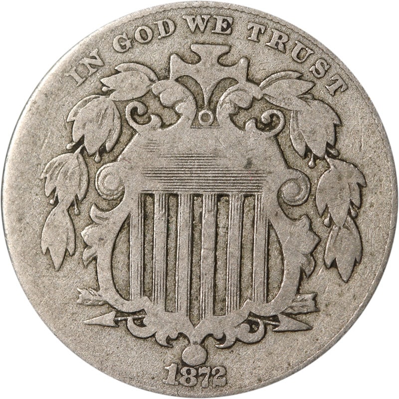 Circulated 1872 United States Shield Nickel Coin Uncertified: Circulated 1872 United States Shield Nickel Coin Uncertified This is a circulated 1872 Shield Nickel from the United States, composed of nickel. The coin is uncertified and is in pre-owned condition. 