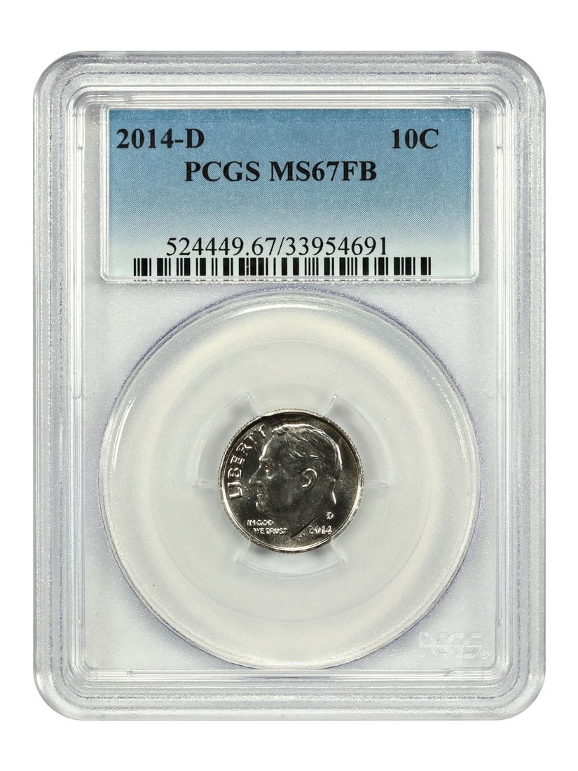 PCGS MS67FB 2014 Denver Roosevelt Dime 10C Uncirculated: PCGS MS67FB 2014 Denver Roosevelt Dime 10C Uncirculated This is a 2014-D Roosevelt Dime graded MS67FB by PCGS. The coin is uncirculated and features the full bands designation. It was minted in Denver
