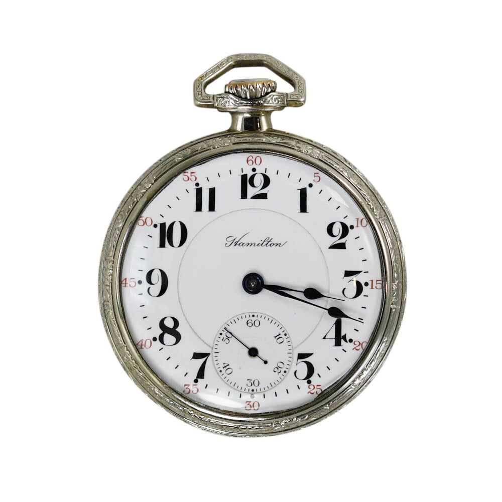 Hamilton Railroad 23 Jewel Gold Filled Pocket Watch: Hamilton Railroad 23 Jewel Gold Filled Pocket Watch This Hamilton Railroad pocket watch features a white gold-filled open face case and was manufactured in 1913. It is equipped with a 23-jewel movemen