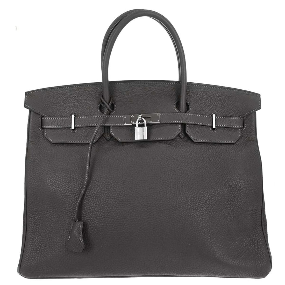 Hermes Birkin 40 Graphite Taurillon Clemence Leather Handbag: Hermes Birkin 40 Graphite Taurillon Clemence Leather Handbag Hermes Birkin 40 handbag in Graphite Taurillon Clemence leather with double handles and a flap turn-lock closure. This large handbag featur
