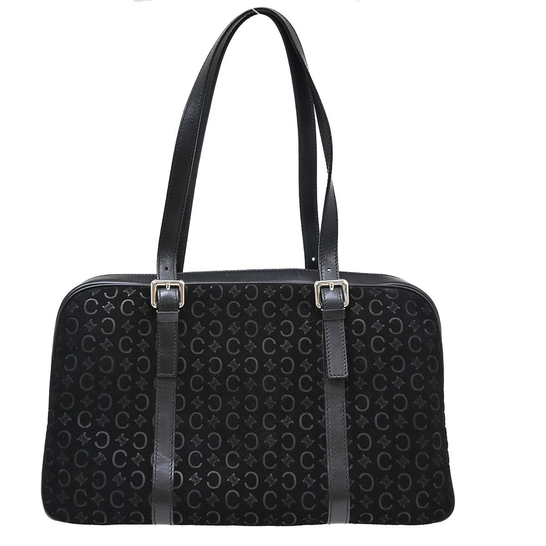 CELINE C Macadam Black Suede Tote Handbag Italy: CELINE C Macadam Black Suede Tote Handbag Italy Celine C Macadam handbag in black with a zip closure, double leather handles, inner pocket, and logo zipper accent. Made in Italy, this medium tote is c
