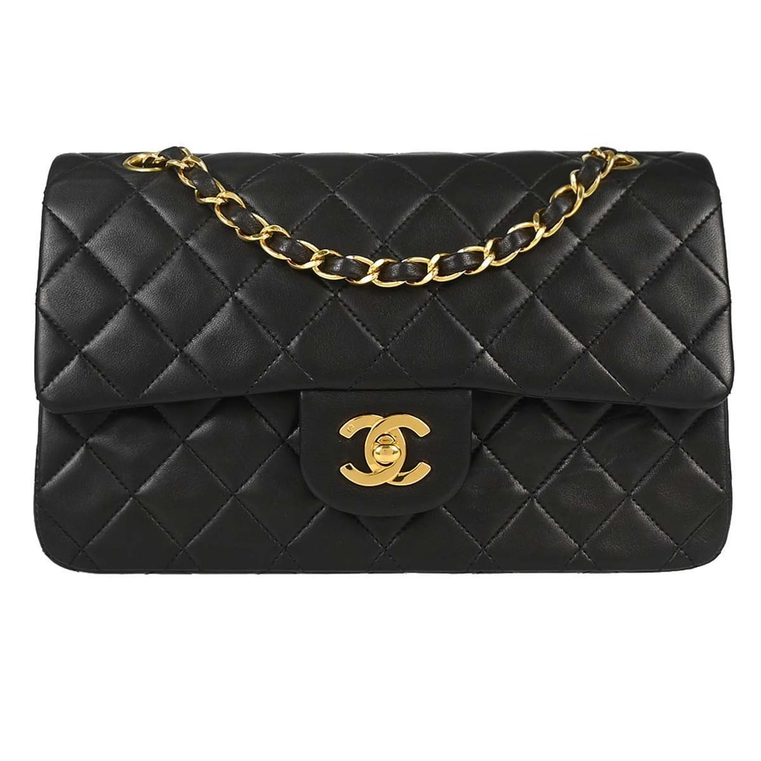 CHANEL Classic Double Flap Small Black Lambskin Shoulder Bag: CHANEL Classic Double Flap Small Black Lambskin Shoulder Bag Chanel Small Classic Double Flap shoulder bag in black lambskin with the signature matelasse pattern and flap turnlock closure. This women'