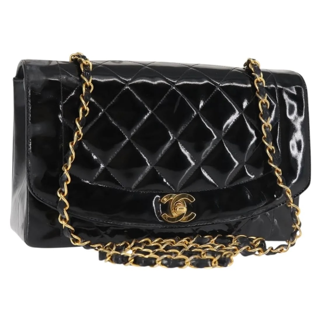 Chanel Vintage Diana Flap Patent Leather Shoulder Bag Black: Chanel Vintage Diana Flap Patent Leather Shoulder Bag Black Vintage Diana Flap shoulder bag in black patent leather. This Chanel bag is presented in good condition with visible signs of prior use, inc