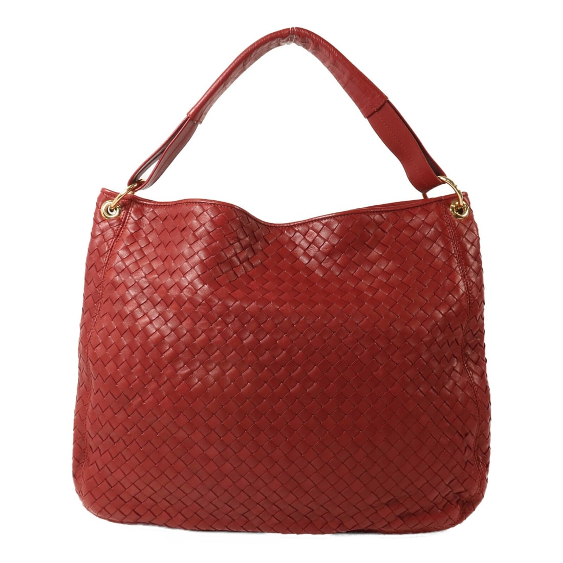 Bottega Veneta Intrecciato Red Lambskin Shoulder Bag GHW: Bottega Veneta Intrecciato Red Lambskin Shoulder Bag GHW This Bottega Veneta Intrecciato Hobo Bag is crafted from luxurious red lambskin leather and features the brand's signature woven design. Made i