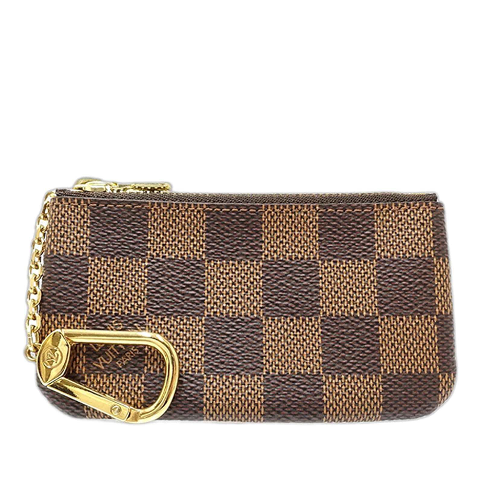 Louis Vuitton Damier Ebene zip coin and key pouch: Louis Vuitton Damier Ebene zip coin and key pouch Louis Vuitton Damier Ebene Key Pouch in brown fabric with a zip-top closure and chain hook attachment. This compact small leather goods piece includes