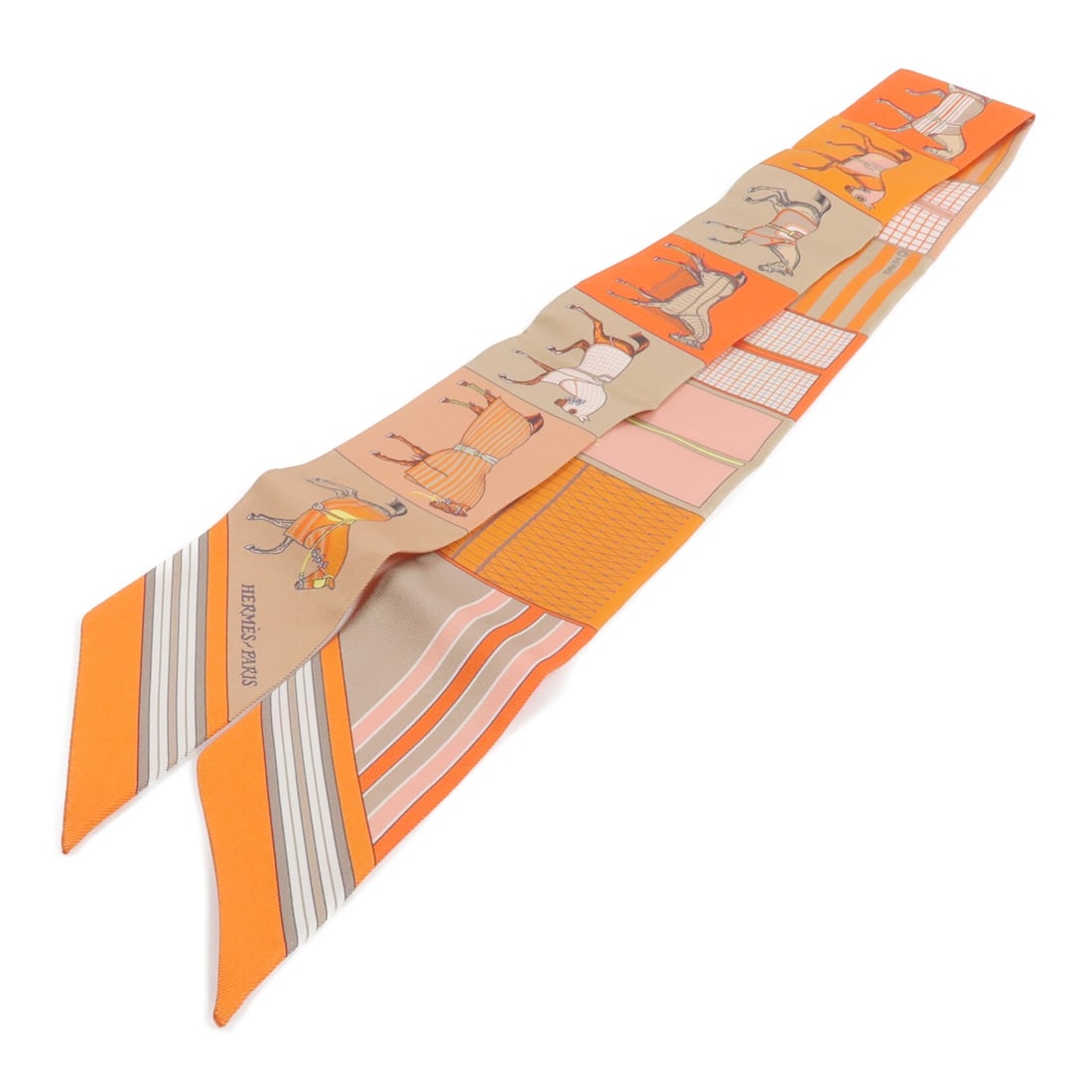 Hermes silk Twilly orange khaki neck scarf: Hermes silk Twilly orange khaki neck scarf This Hermes Twilly scarf is crafted from luxurious silk in an elegant orange and khaki color combination. Designed for women, it features a regular size and 