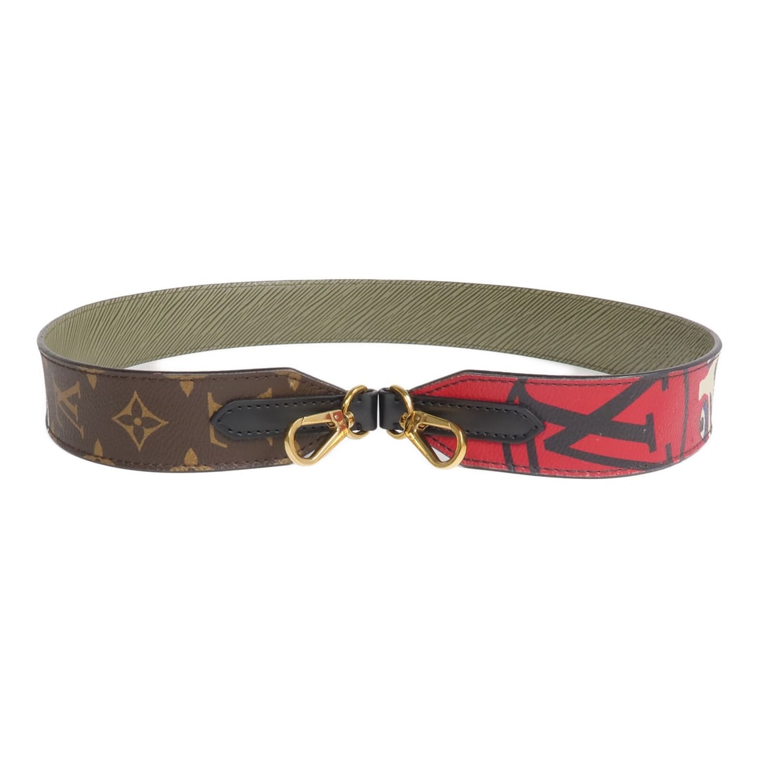 Louis Vuitton Monogram Brown Red Shoulder Strap Gold Hardware: Louis Vuitton Monogram Brown Red Shoulder Strap Gold Hardware This Louis Vuitton shoulder strap features a classic monogram and epi design in brown and red. Crafted from PVC coated canvas, it offers b
