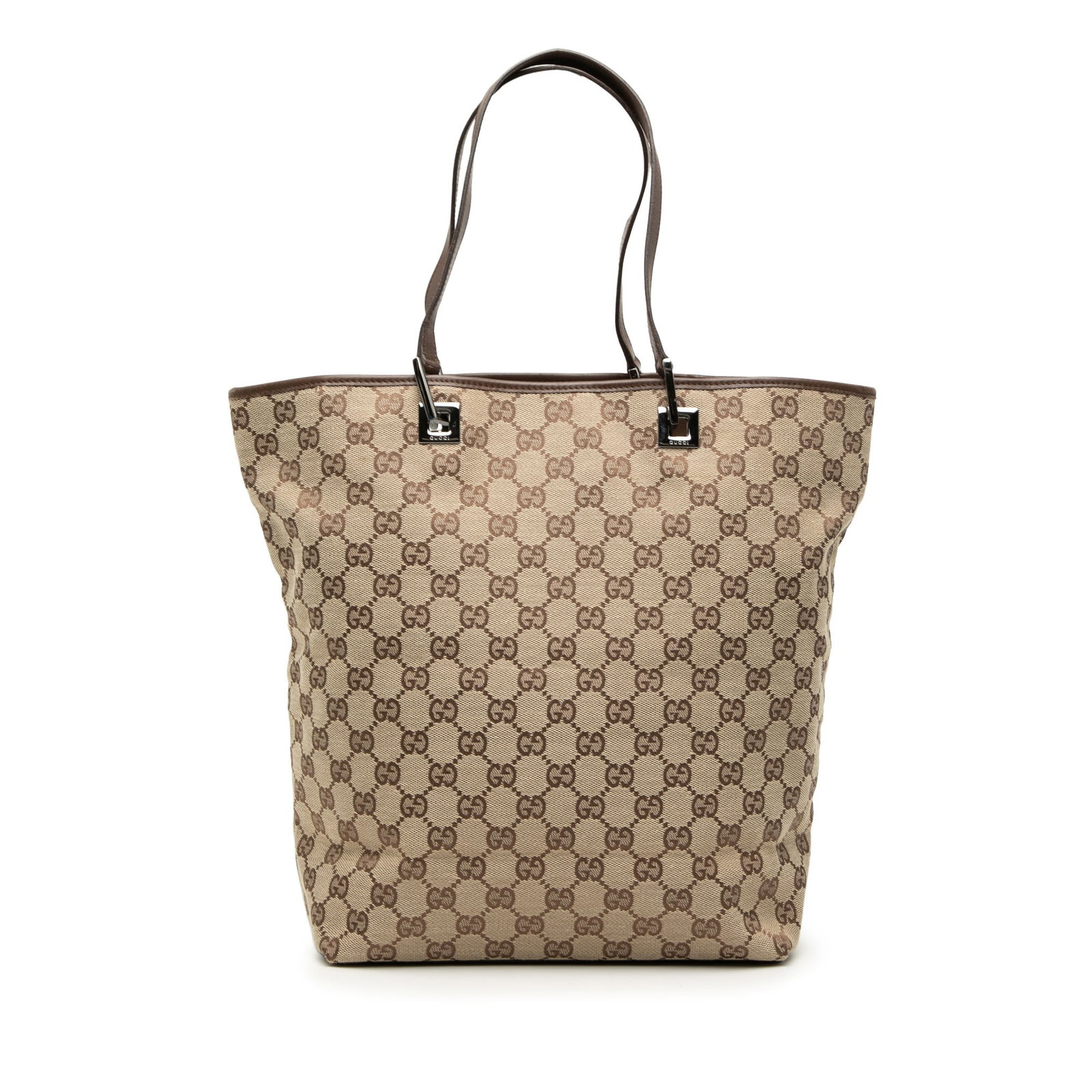 Gucci GG Canvas Tote Bag Beige Fabric Leather Straps: Gucci GG Canvas Tote Bag Beige Fabric Leather Straps Gucci GG Canvas Tote in beige with flat leather straps, an open top, and an interior zip pocket. Made in Italy. Includes dust bag. Condition AB wit