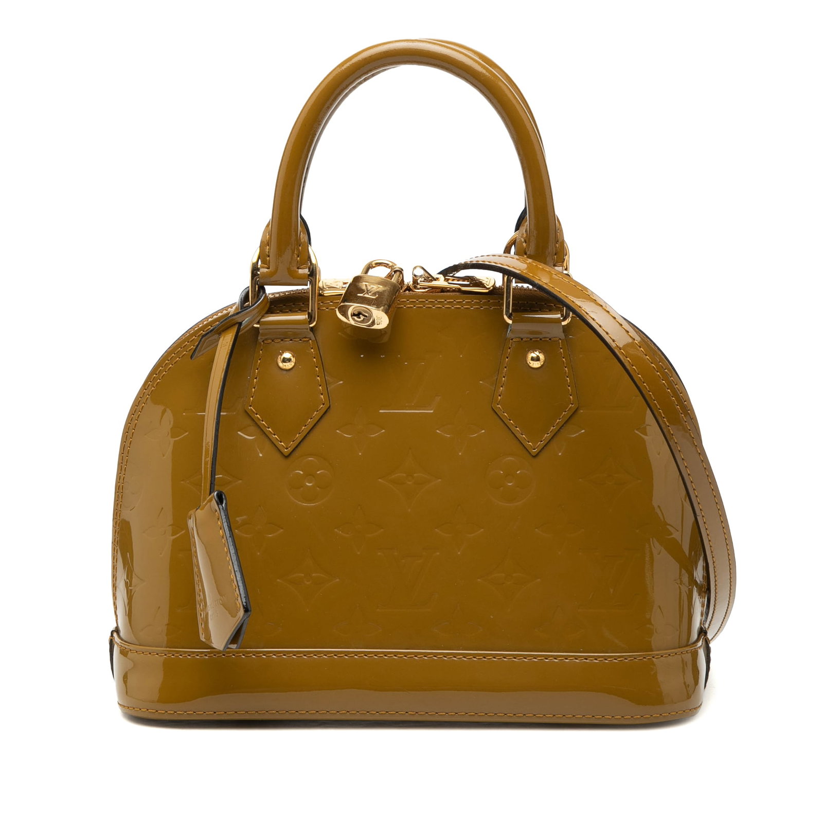 Louis Vuitton Alma BB Monogram Vernis Leather Handbag: Louis Vuitton Alma BB Monogram Vernis Leather Handbag Louis Vuitton Monogram Vernis Alma BB handbag in green leather. This structured bag features rolled leather handles, a detachable flat leather str