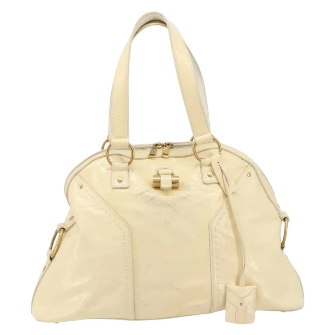 Saint Laurent Muse Patent Leather White Shoulder Bag: Saint Laurent Muse Patent Leather White Shoulder Bag This Saint Laurent Muse Shoulder Bag is crafted from white patent leather and features a spacious design suitable for unisex use. The bag exhibits 