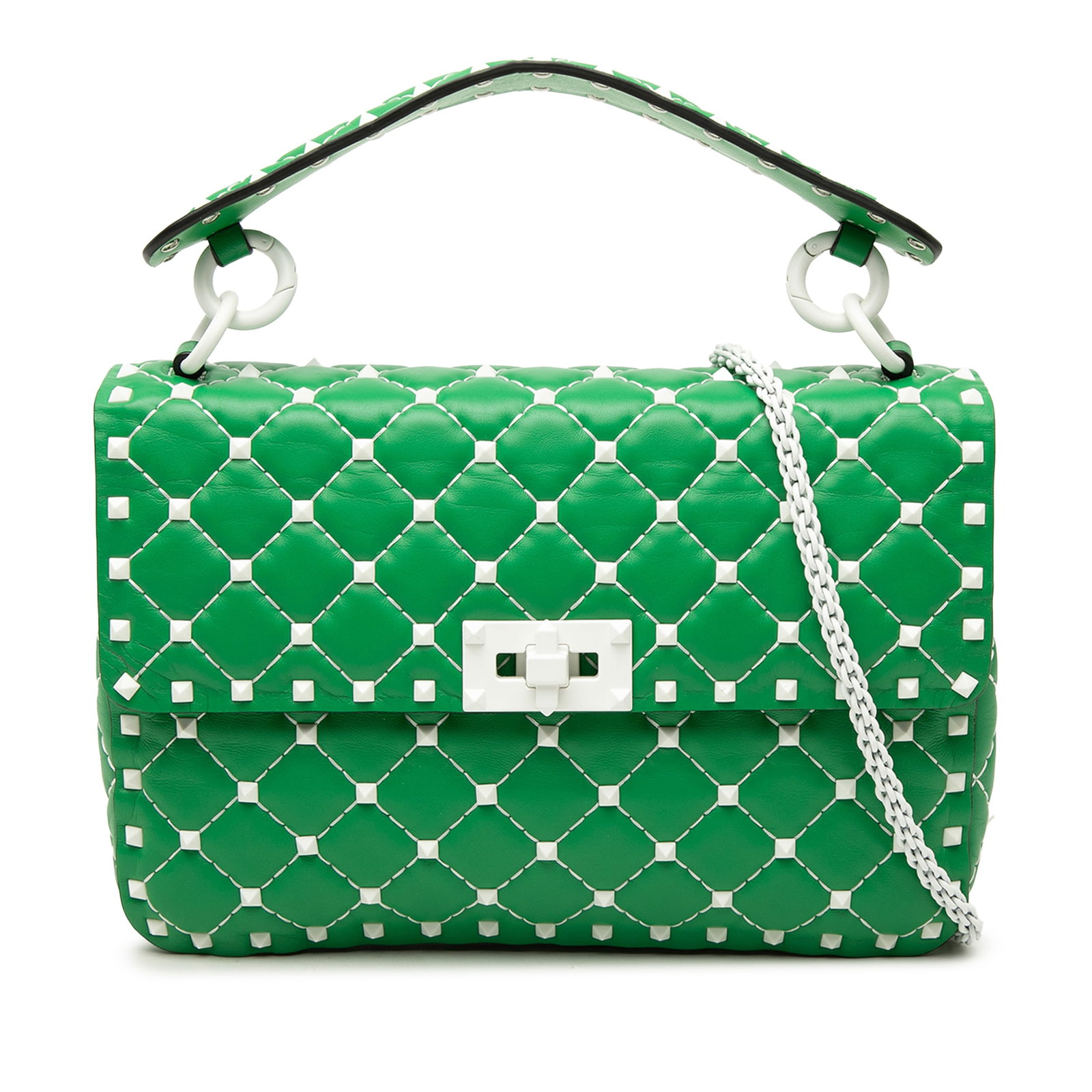 Valentino Rockstud Spike Medium Nappa Leather Satchel Green: Valentino Rockstud Spike Medium Nappa Leather Satchel Green Valentino Medium Nappa Rockstud Spike Satchel in green leather with a quilted and studded design. This satchel features a flat leather top h