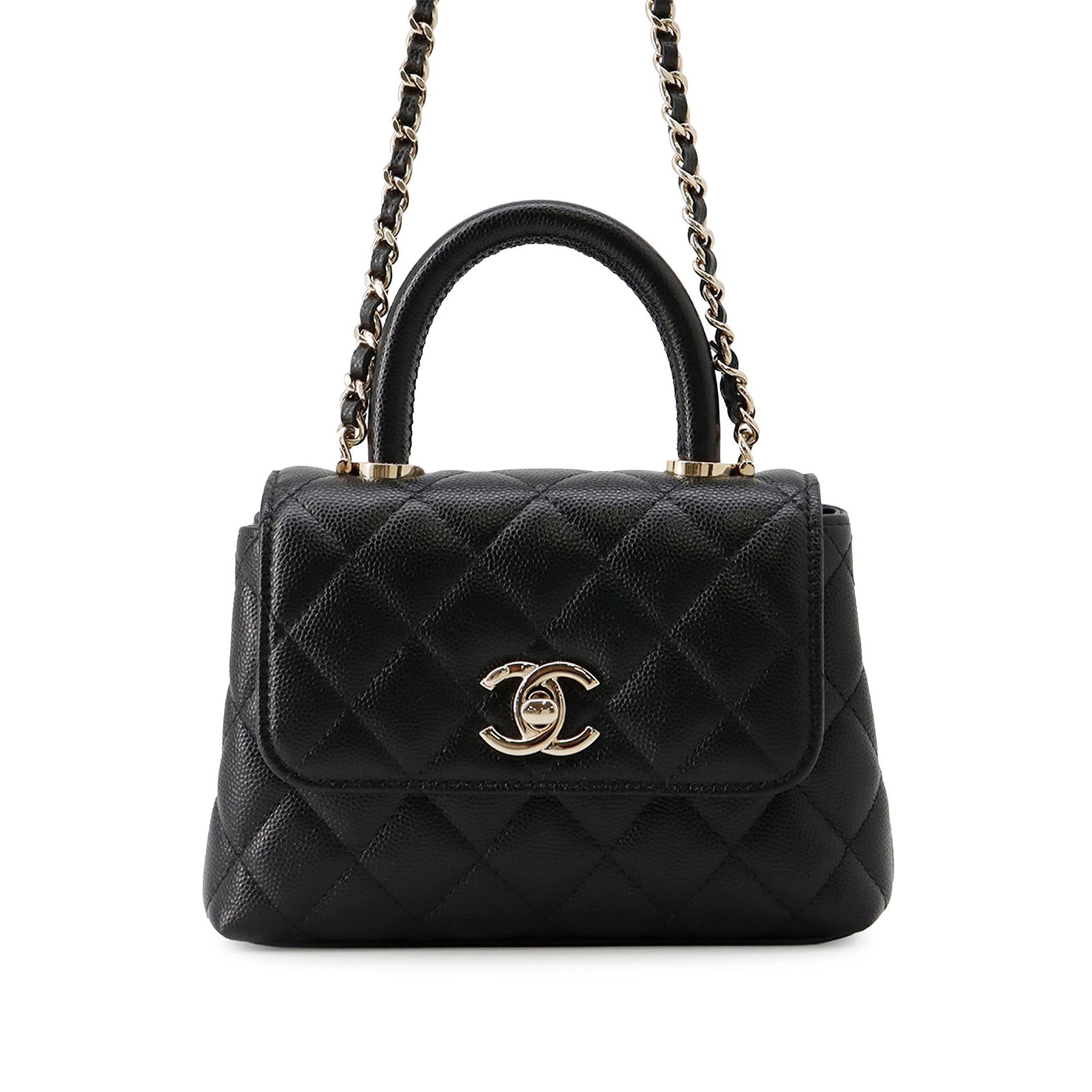 Chanel Coco Handle Extra Mini Black Caviar Leather Bag: Chanel Coco Handle Extra Mini Black Caviar Leather Bag This Chanel Coco Handle bag is crafted in black quilted caviar leather and features a rolled leather top handle, a leather-woven chain link shoul