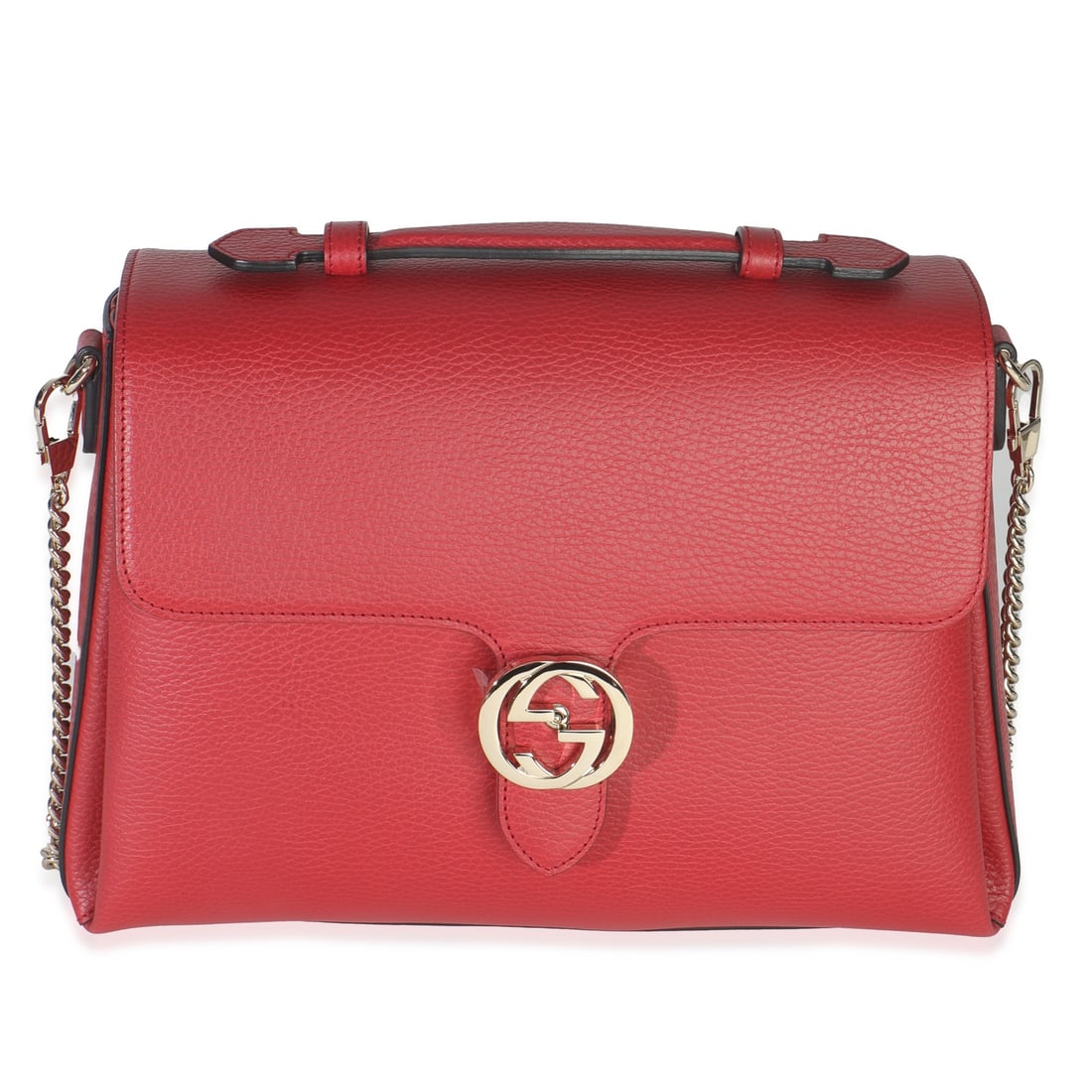Gucci Medium Interlocking G Red Calfskin Top Handle Bag: Gucci Medium Interlocking G Red Calfskin Top Handle Bag This Gucci Medium Interlocking G Top Handle Bag is crafted from red dollar calfskin leather and features a structured silhouette with both top h