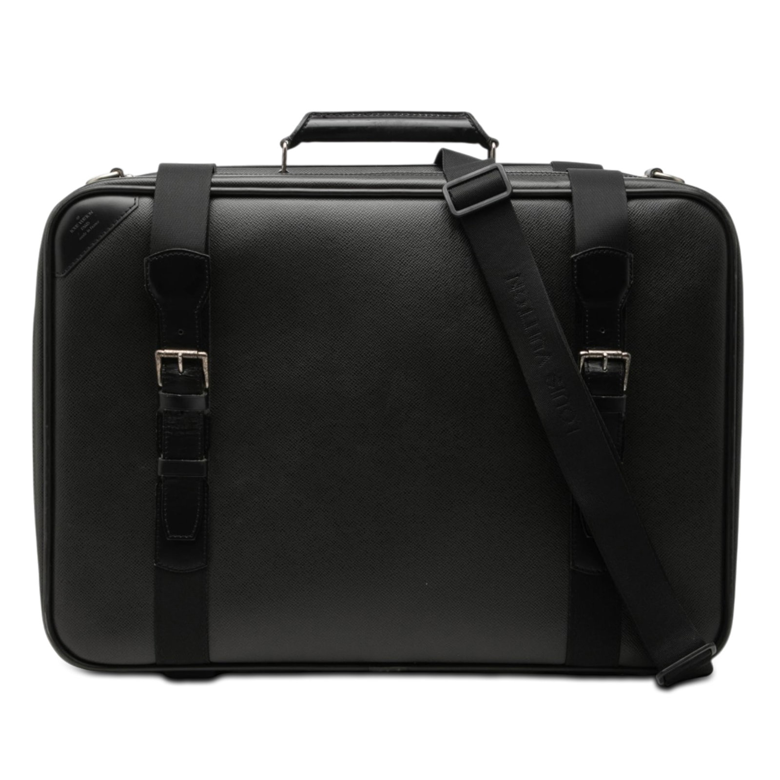 Louis Vuitton Taiga 53 Satellite Leather Travel Bag: Louis Vuitton Taiga 53 Satellite Leather Travel Bag Louis Vuitton Taiga Satellite 53 luggage in black taiga leather with buckle strap closures, a rolled top handle, a detachable flat strap, a zip-arou