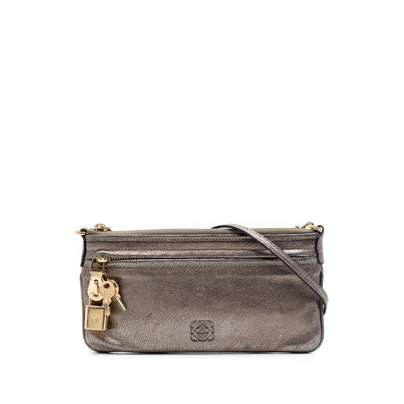LOEWE Metallic Leather Anagram Gold Crossbody Bag: LOEWE Metallic Leather Anagram Gold Crossbody Bag This LOEWE Metallic Leather Anagram Crossbody bag features a gold metallic leather body with a detachable flat leather strap. It is designed with a fr