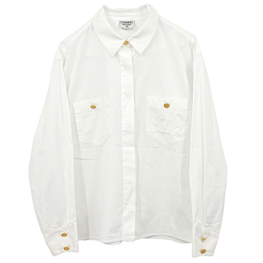 CHANEL Vintage White Collared Long Sleeve Women's Blouse: CHANEL Vintage White Collared Long Sleeve Women's Blouse Vintage Chanel white blouse shirt for women with a collared neckline, long sleeves, and two exterior pockets. The tag is missing. Condition not