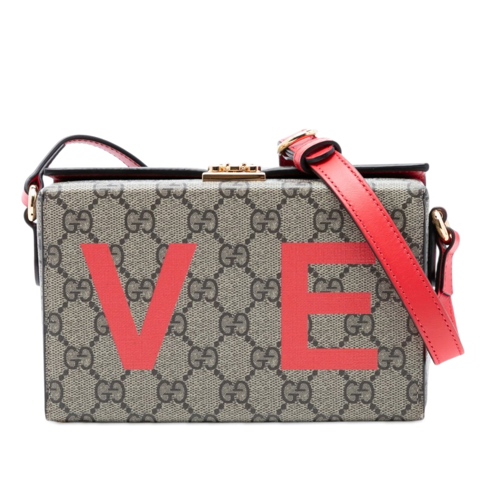 Gucci Mini GG Supreme Love Trunk beige crossbody bag: Gucci Mini GG Supreme Love Trunk beige crossbody bag The Gucci Mini GG Supreme Love Trunk Crossbody is crafted from printed coated canvas with a flat leather strap. It features a top flap secured by a