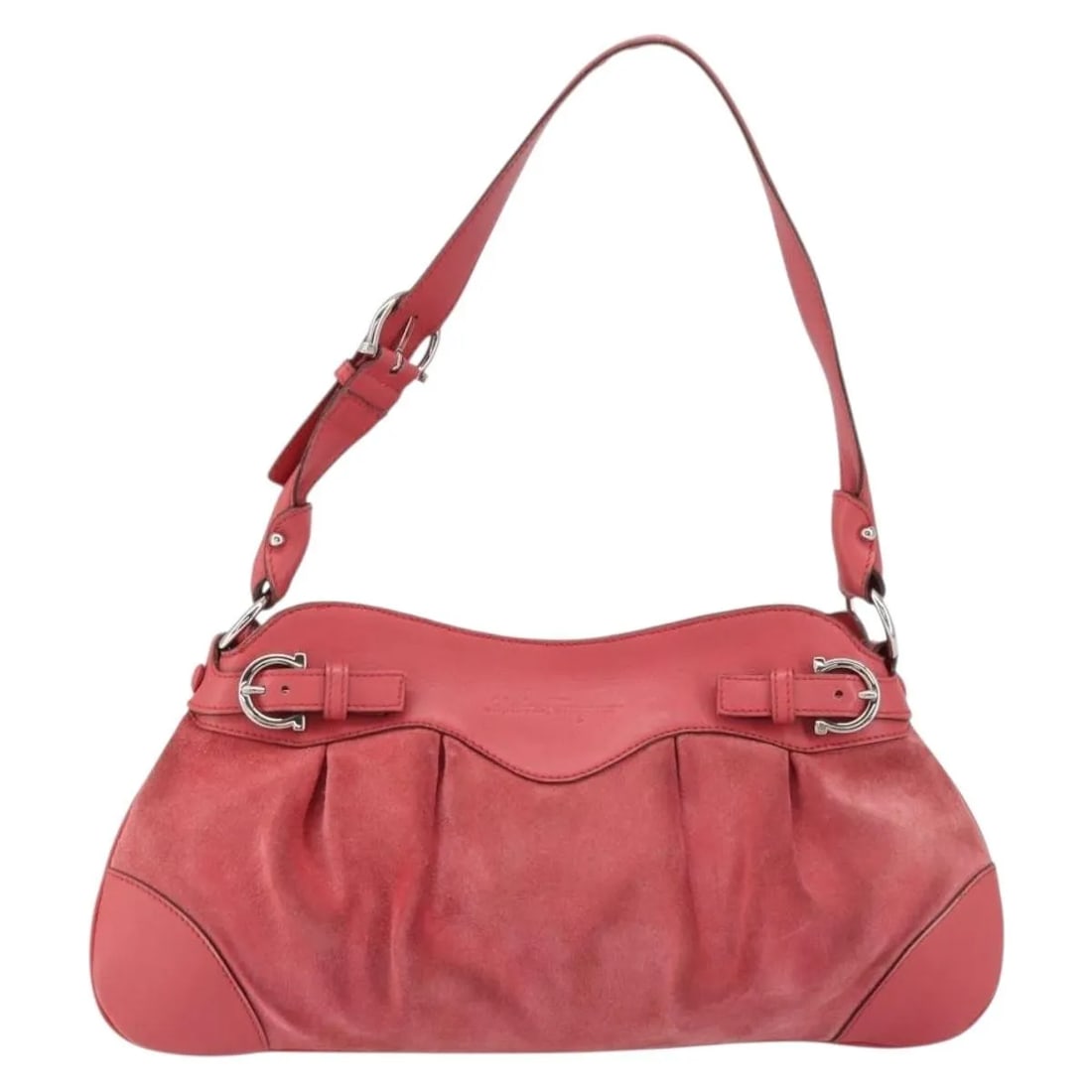 Pink suede shoulder bag Salvatore Ferragamo Gancini: Pink suede shoulder bag Salvatore Ferragamo Gancini This Salvatore Ferragamo Gancini shoulder bag is crafted from pink suede and designed for women. The bag features a sleek silhouette and iconic Ganc