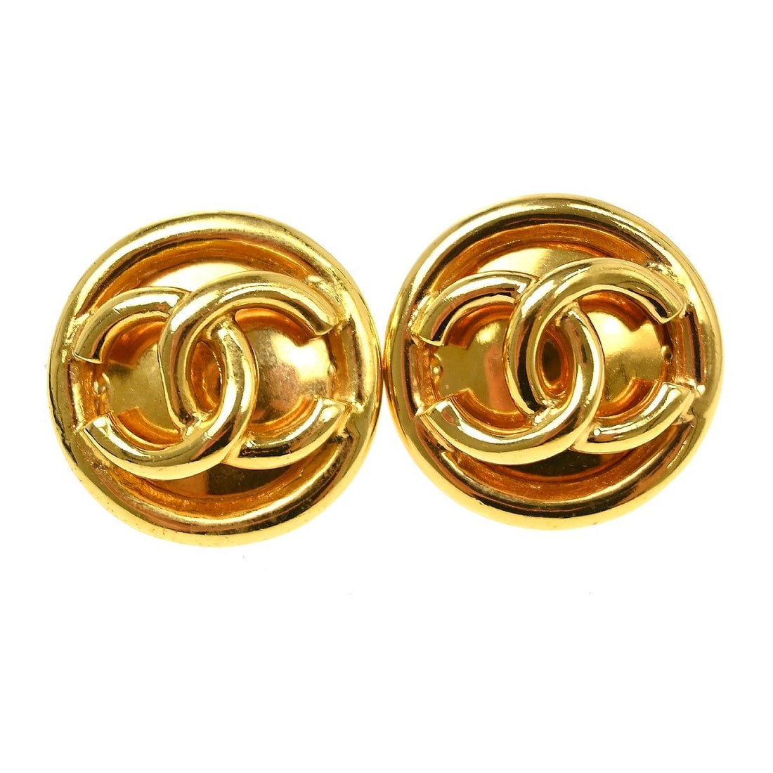 Chanel CC Logo Button Clip Earrings Gold Tone France (1 of 5)
