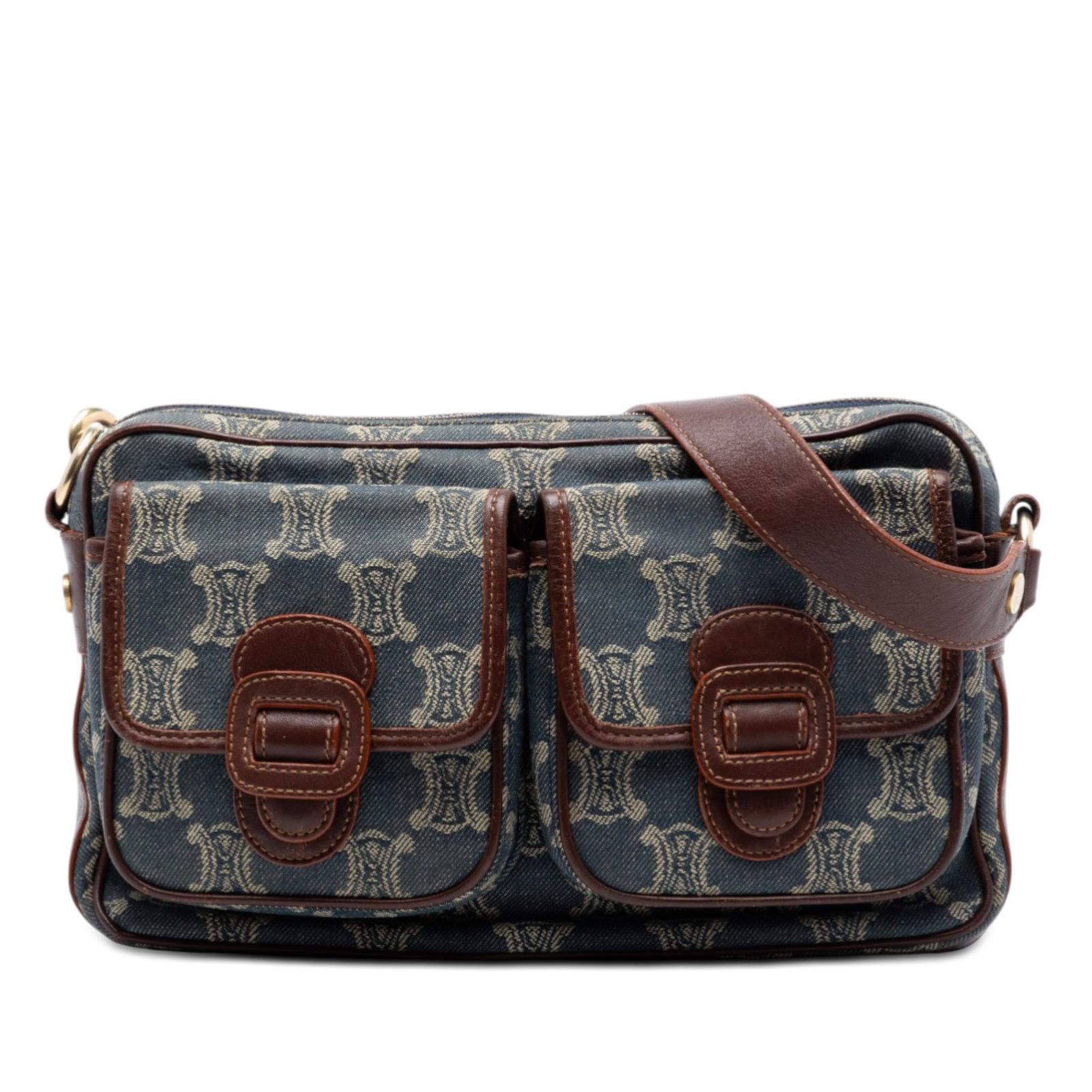 Celine Macadam Crossbody Bag in Blue Denim with Leather Trim: Celine Macadam Crossbody Bag in Blue Denim with Leather Trim Celine Macadam Denim Pocket Crossbody bag in blue denim with leather trim. This crossbody features an adjustable flat leather strap, top zi