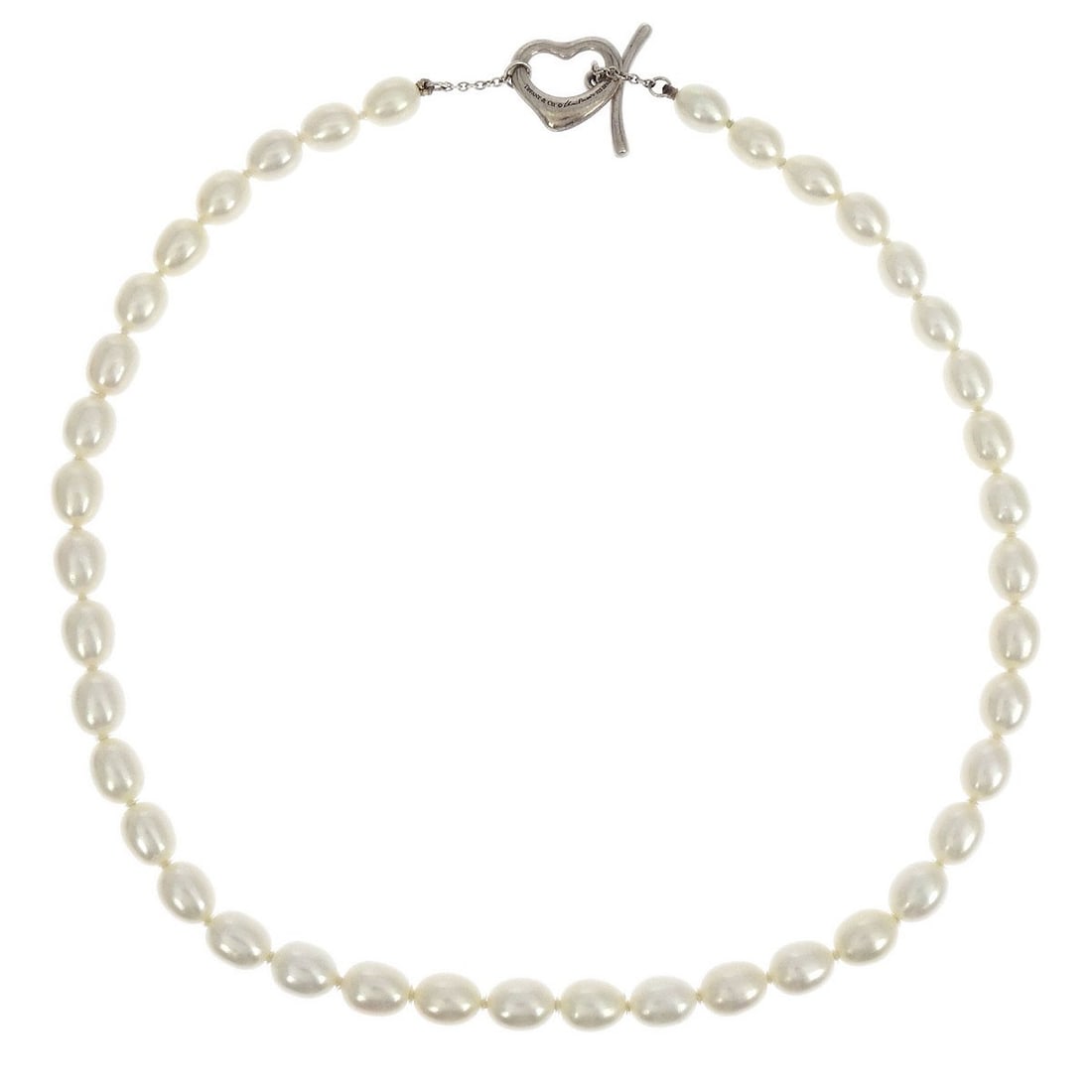 Tiffany & Co. Open Heart Pearl Chain Necklace in 925 Silver: Tiffany & Co. Open Heart Pearl Chain Necklace in 925 Silver Tiffany & Co. Open Heart chain necklace crafted in SV925 silver and set with a freshwater pearl. This necklace features a silver-tone chain 