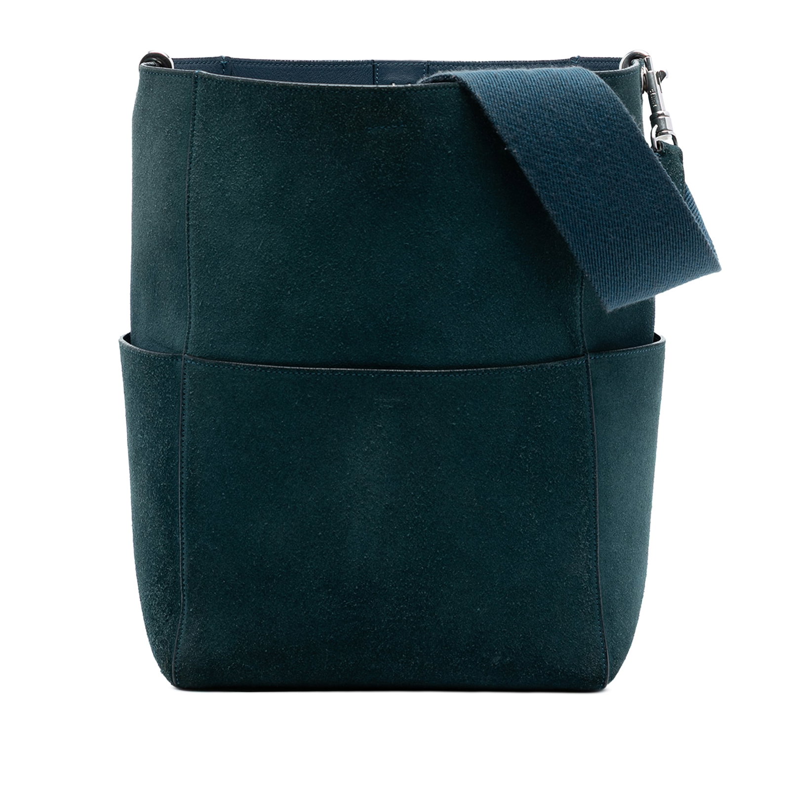 Celine Seau Sangle Medium Blue Suede Leather Bucket Shoulder Bag: Celine Seau Sangle Medium Blue Suede Leather Bucket Shoulder Bag This Celine Medium Suede Seau Sangle Bucket Bag features a blue suede leather body with a detachable flat canvas strap. The bag has an 