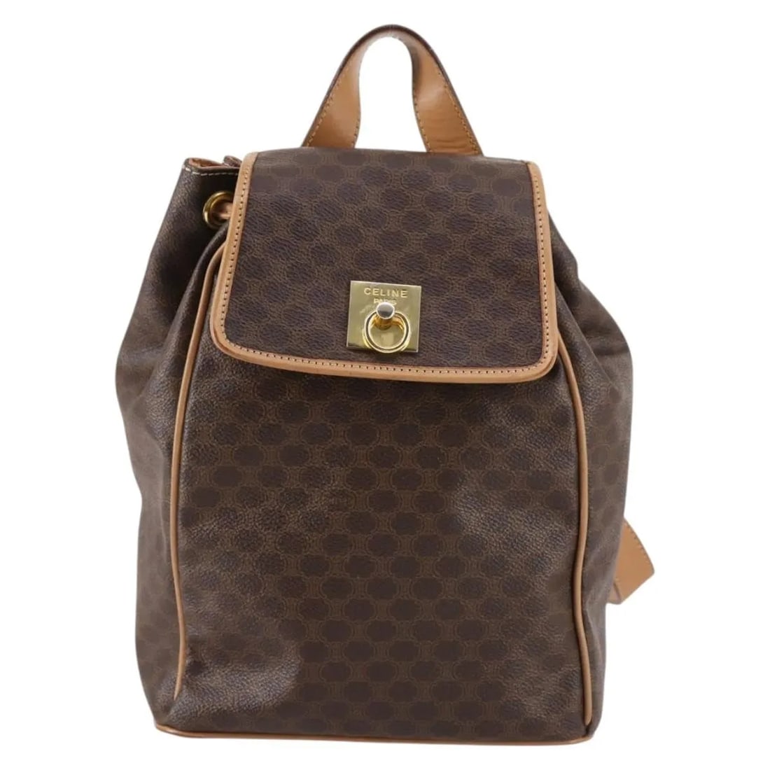 Celine Macadam Coated Canvas Brown Drawstring Flap Backpack Vintage: Celine Macadam Coated Canvas Brown Drawstring Flap Backpack Vintage This vintage Celine drawstring flap backpack is crafted from brown macadam coated canvas with leather details. Designed for women, t