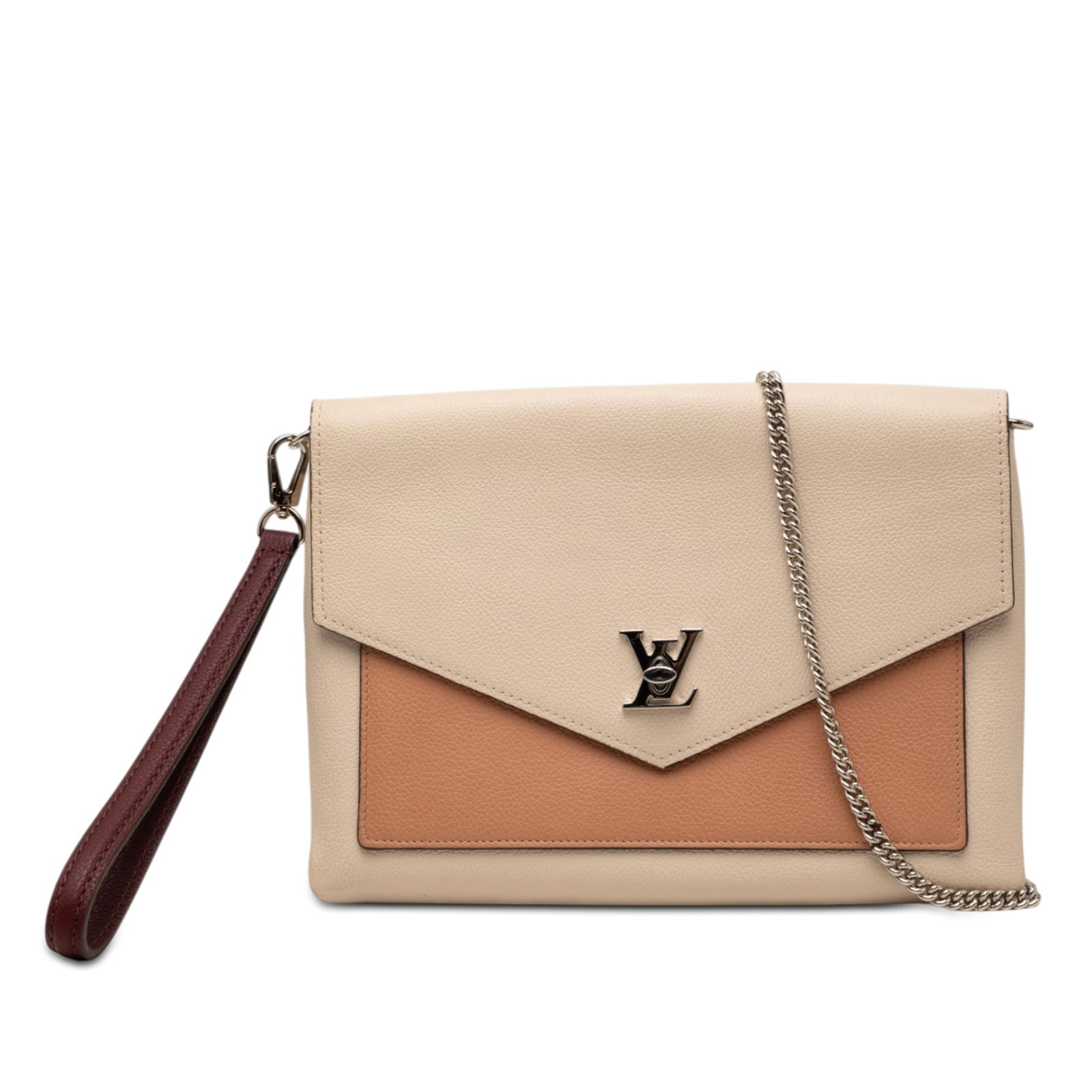 Louis Vuitton MyLockMe Chain Pochette in Bicolor Leather: Louis Vuitton MyLockMe Chain Pochette in Bicolor Leather Louis Vuitton MyLockMe Chain Pochette in bicolor leather with a front flap and twist lock closure. This pochette features a detachable flat lea