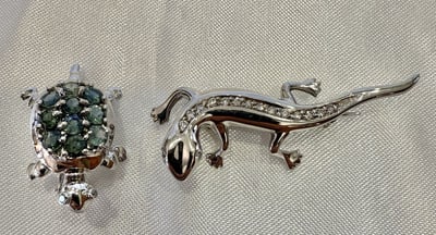 Set of 2 14K White Gold Animal Brooches Lizard Diamond Turtle Sapphire (1 of 9)