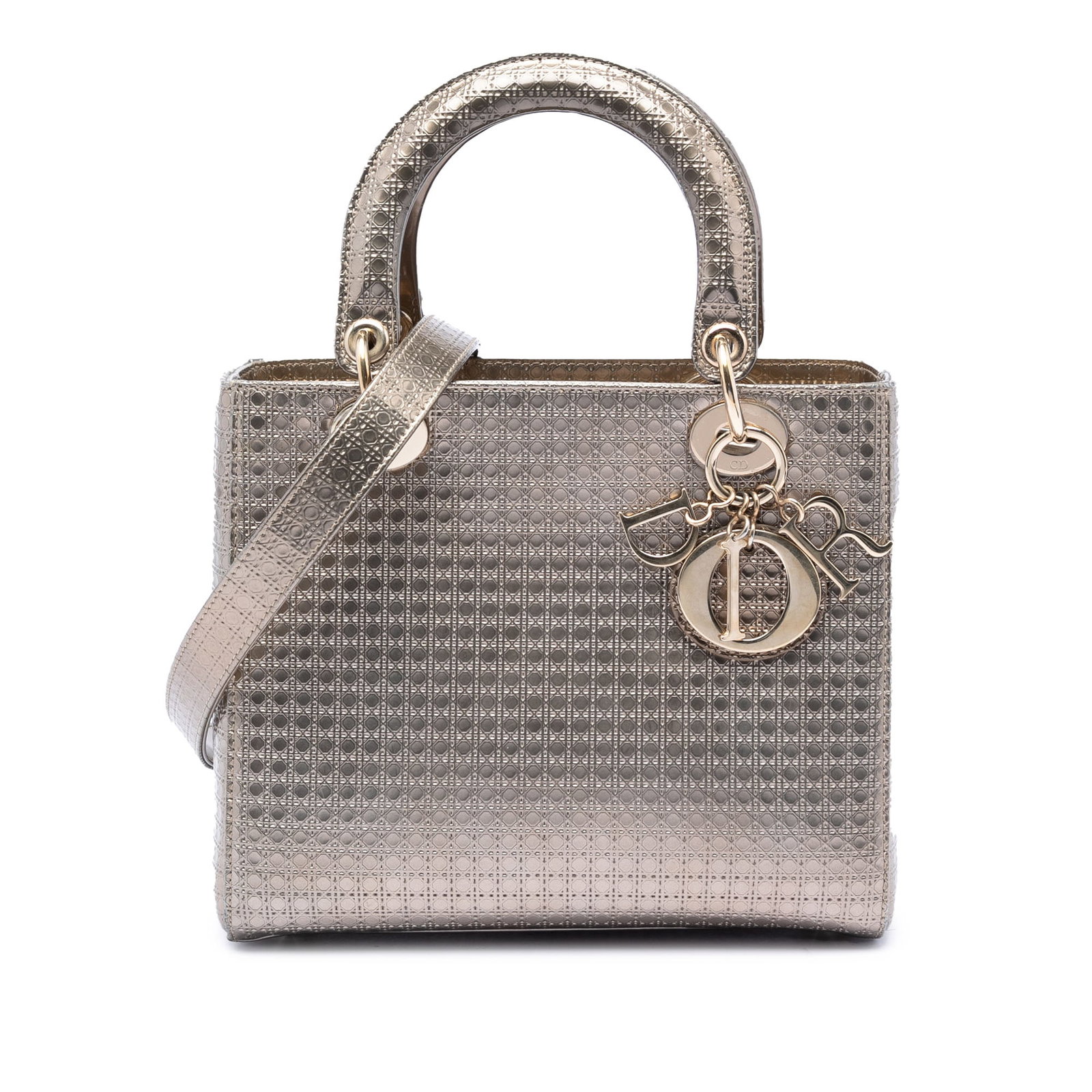 Dior Lady Dior Gold Metallic Patent Leather Medium Bag: Dior Lady Dior Gold Metallic Patent Leather Medium Bag This Lady Dior handbag showcases a quilted metallic patent leather design in gold, featuring flat leather handles and a detachable flat leather s