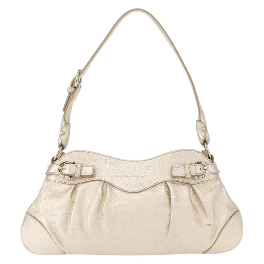 Leather Shoulder Bag Salvatore Ferragamo Gancini Gold: Leather Shoulder Bag Salvatore Ferragamo Gancini Gold This Salvatore Ferragamo Gancini shoulder bag is crafted from leather and features a gold color finish. Designed for women, the bag offers a styli
