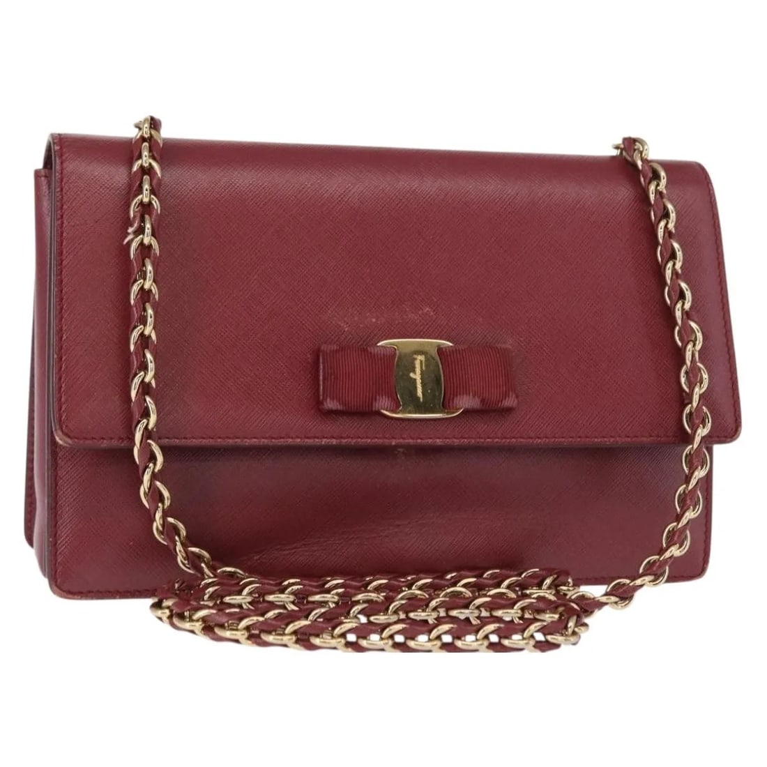 Leather shoulder bag Salvatore Ferragamo Vala Chain burgundy: Leather shoulder bag Salvatore Ferragamo Vala Chain burgundy This Salvatore Ferragamo Vala chain shoulder bag is crafted from burgundy leather and designed for women. It features a compact silhouette 
