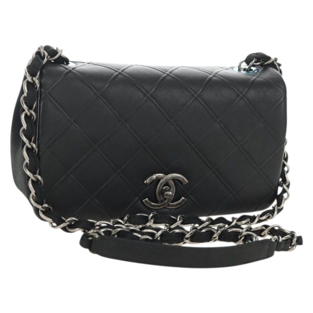 CHANEL Cosmos Line lambskin shoulder bag black silver with box card: CHANEL Cosmos Line lambskin shoulder bag black silver with box card Chanel Cosmos Line chain shoulder bag in black lamb skin with silver-tone CC detailing. Made in Italy, this women's shoulder bag inc