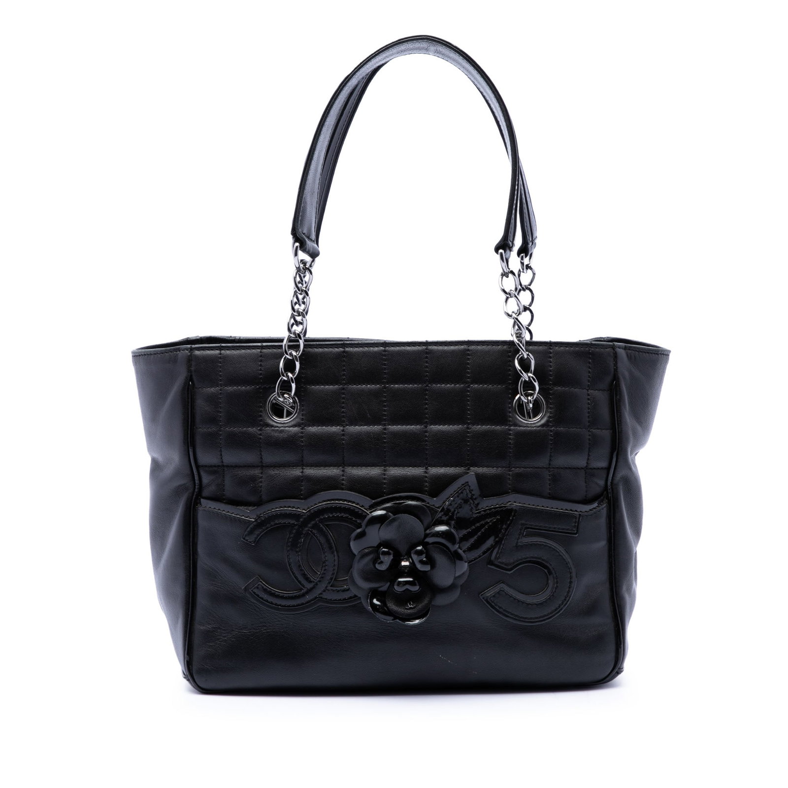 Chanel Camellia No 5 CC Choco Bar Lambskin Tote Bag: Chanel Camellia No 5 CC Choco Bar Lambskin Tote Bag Chanel CC Choco Bar Lambskin Camellia No 5 Tote in black lambskin leather. This tote features curb chain and leather straps, an open top with magnet